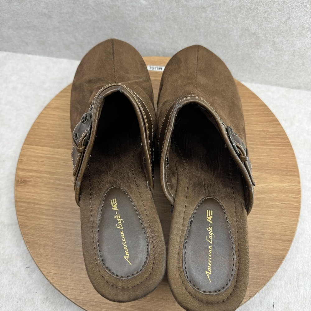 American Eagle Shoes Womens‎ 8.5 Brown Faux Suede Wedge Mule Clog Studded Buckle - Picture 6 of 9